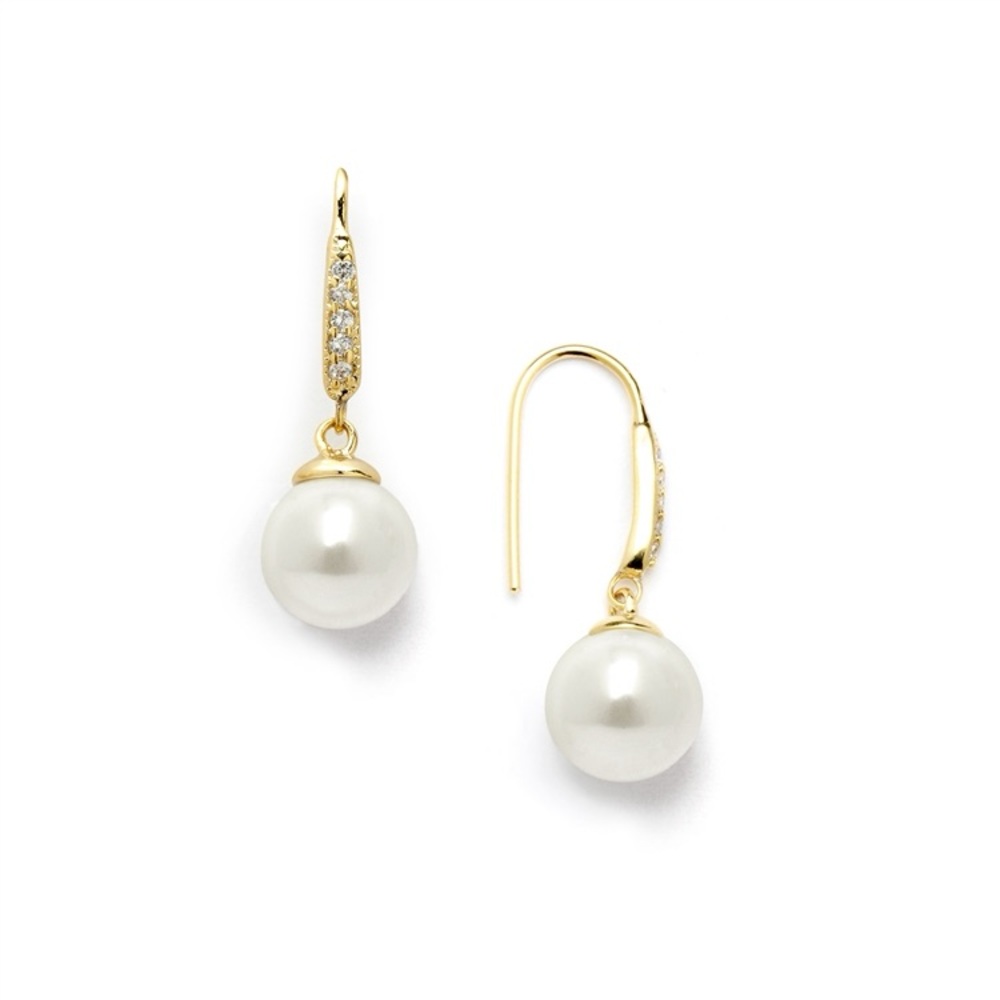 NWT Mariell French Wire Earrings w/ Ivory Pearl Drops 14K Gold Plated CZ Accents